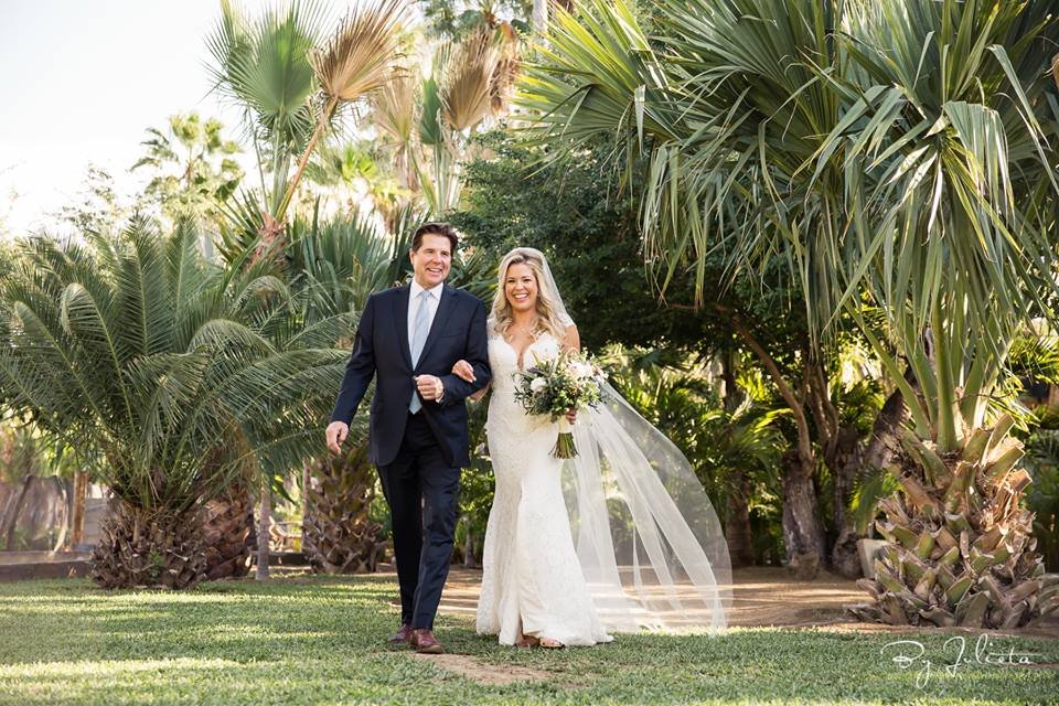 Father Daughter walking down to Ceremony at Acre Baja designed by Jesse Wolff and wedding planning by Cabo Wedding Services