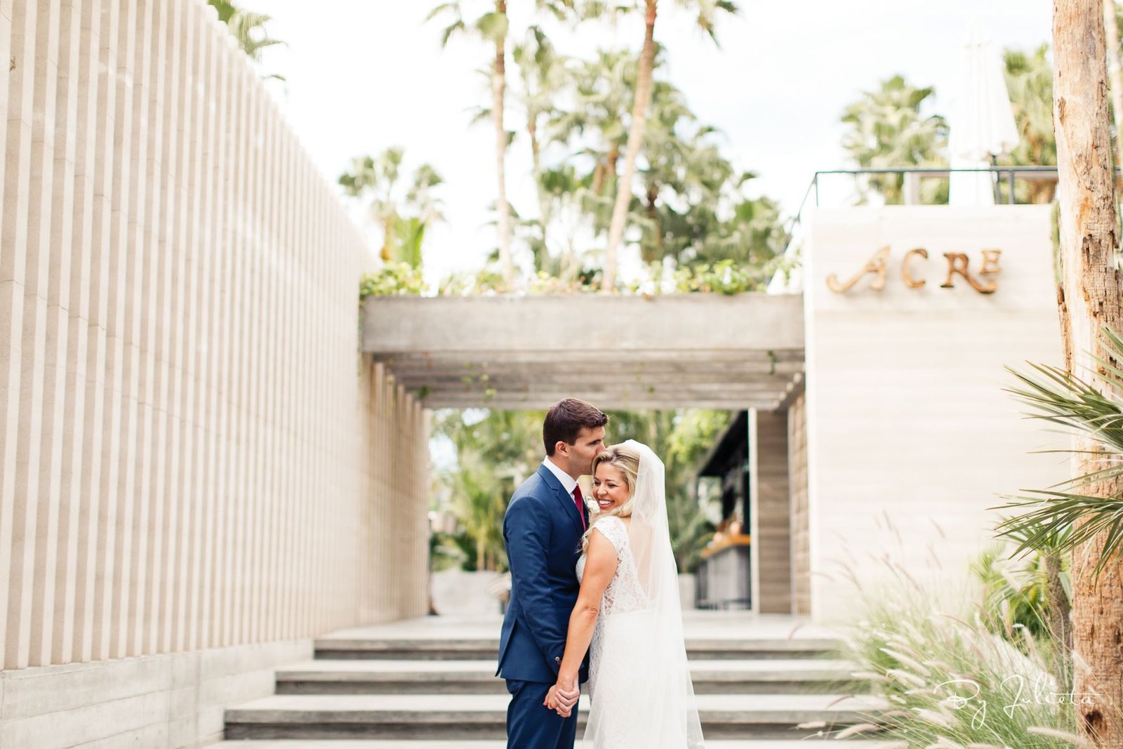 Bride and Groom after first look at Acre Baja at a Wedding Venue in Los Cabos. Wedding Design was by Jesse Wolff at Cabo Wedding Services