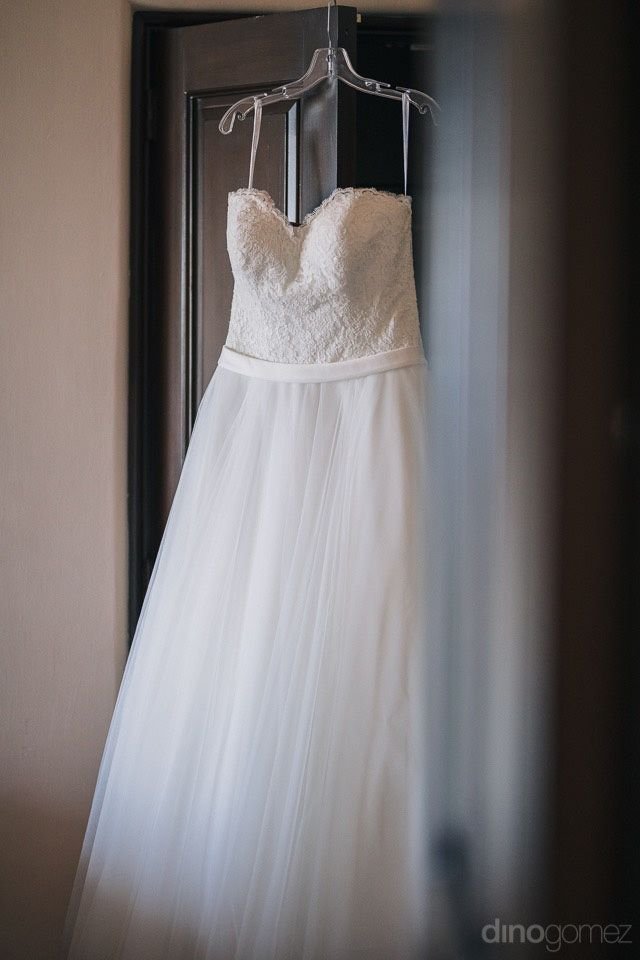 Wedding Dress hung for photo session at the Sheraton Hacienda del Mar Los Cabos