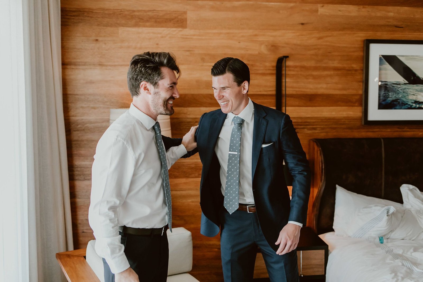 The groom getting ready in the room with is Groomsmen right before the Ceremony. This photo was taken at The Cape in Cabo San Lucas Mexico. Wedding Planning was done by Cabo Wedding Services