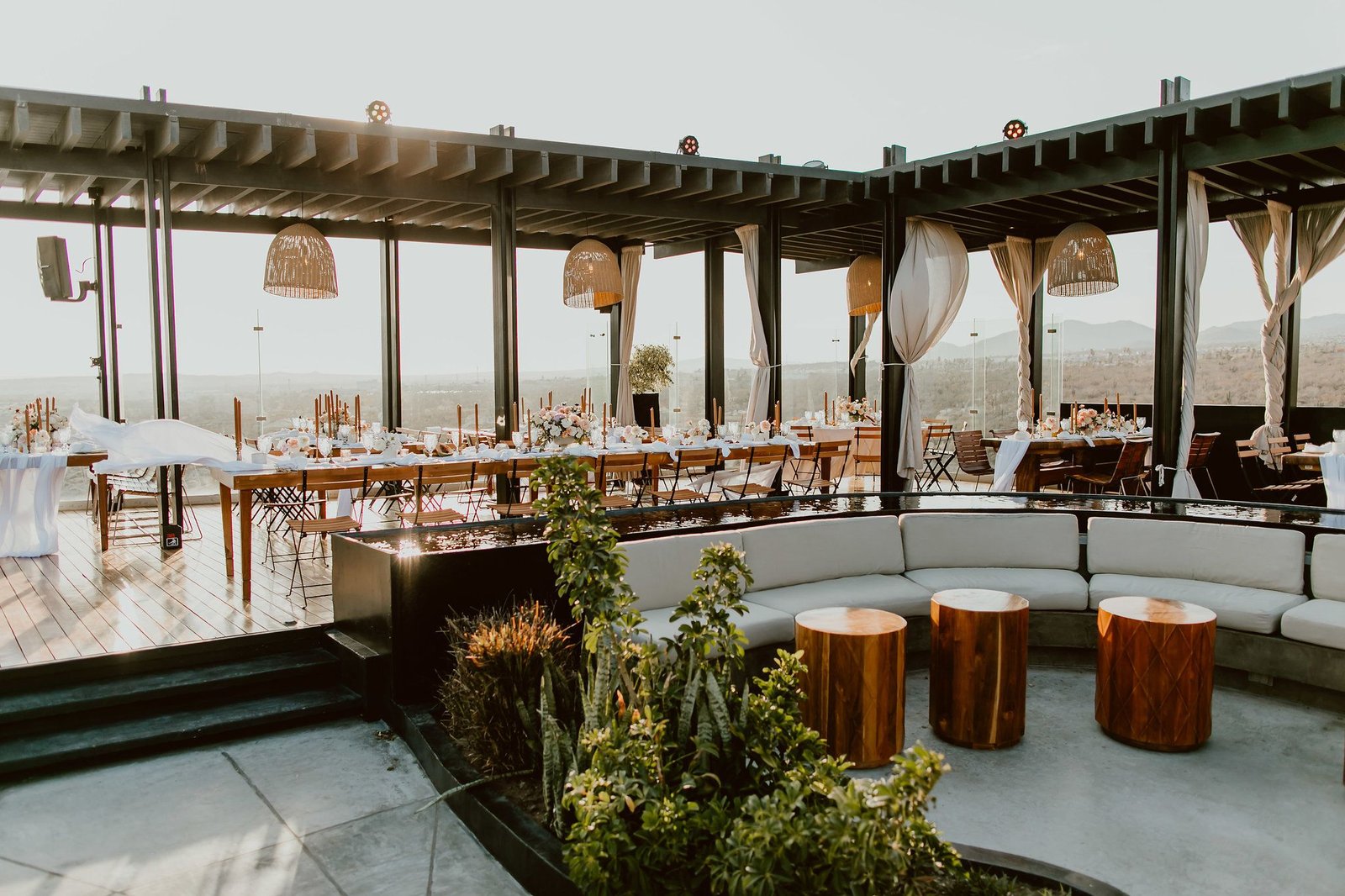 Overall view from the Wedding at The Rooftop at The Cape by Thompson Hotels. Photography by Ana and Jerome. Wedding Planning by Cabo Wedding Services. Wedding design by Lola from Florenta.