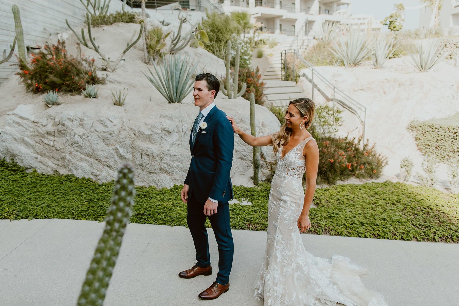 Bride and Groom doing First Look at Wedding Venue in Cabo San Lucas Mexico The Cape by Thompson Hotels