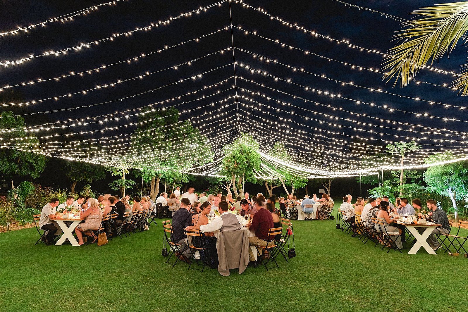 Table setting with String Lights at Flora Farms in Cabo San Lucas, Mexico. Destination Wedding Planning by Cabo Wedding Services. Floral and design by Lola from Florenta and Rentals by Let it Be Events.