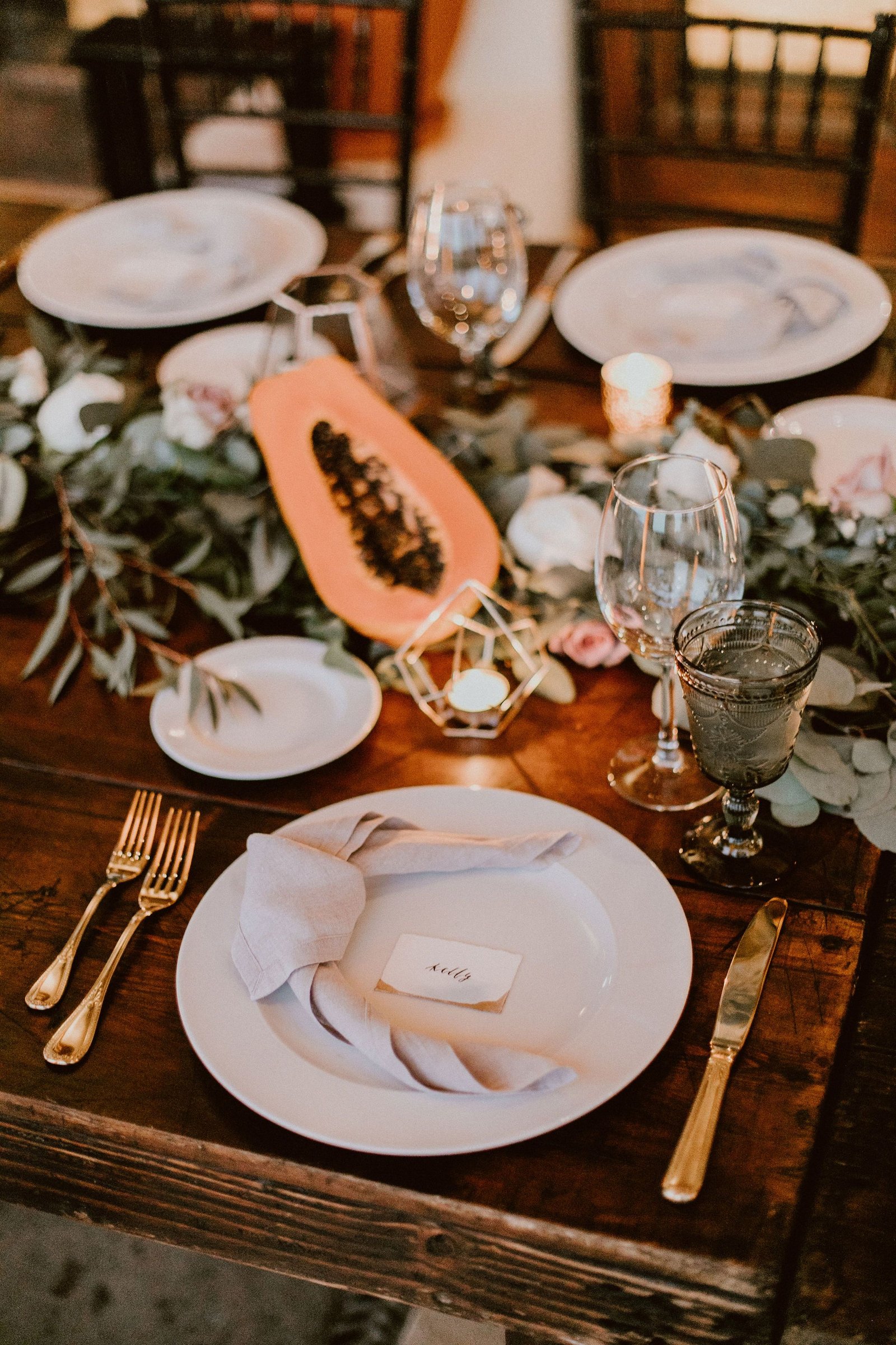 Papaya on Bridal Table at Cabo del Sol. Wedding Planning by Cabo Wedding Services. Destination Wedding in Los Cabos, Mexico.