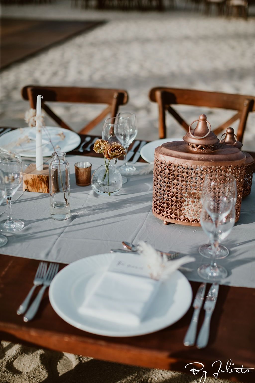 Table setting at the Sangeet that took place at the Hilton in Los Cabos, Mexico. The design and set-up was done by Cabo Wedding Services