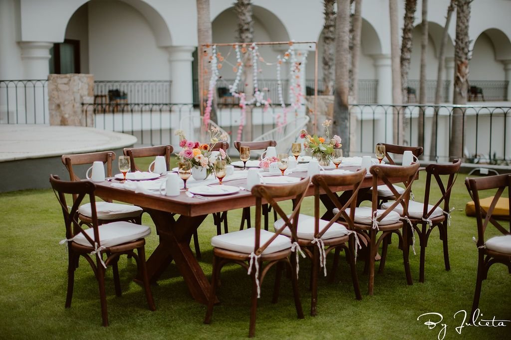 Set-up and design by Cabo Wedding Services during their Haldi Ceremony that was also a brunch for 130 of their family and friends. This event took place at the Hilton Los Cabos.