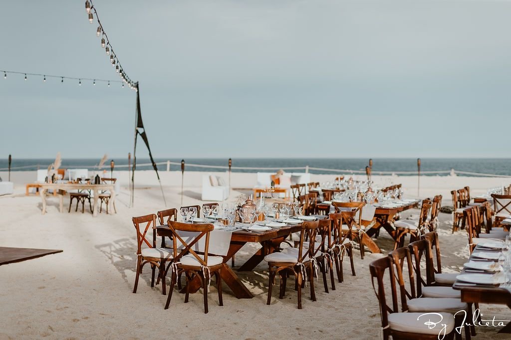 Table set-up at Hilton Los Cabos for an Indian Wedding weekend, that took place at the beach. This event was the Sangeet. Set-up and design by Cabo Wedding Services.