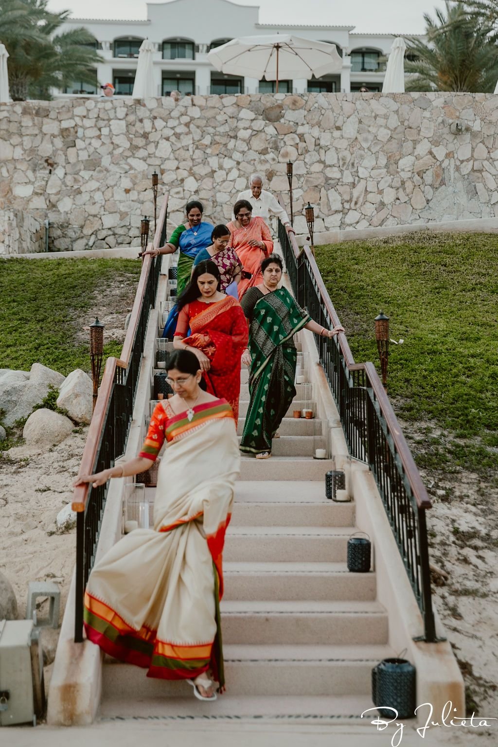 Guests arriving to the Sangeet. It took place on the beach at Hilton Los Cabos, in Cabo San Lucas, Mexico. The Photography was done by Julieta Amezcua and the Wedding Planning was done by Cabo Wedding Services. The best Wedding Planners in Cabo.