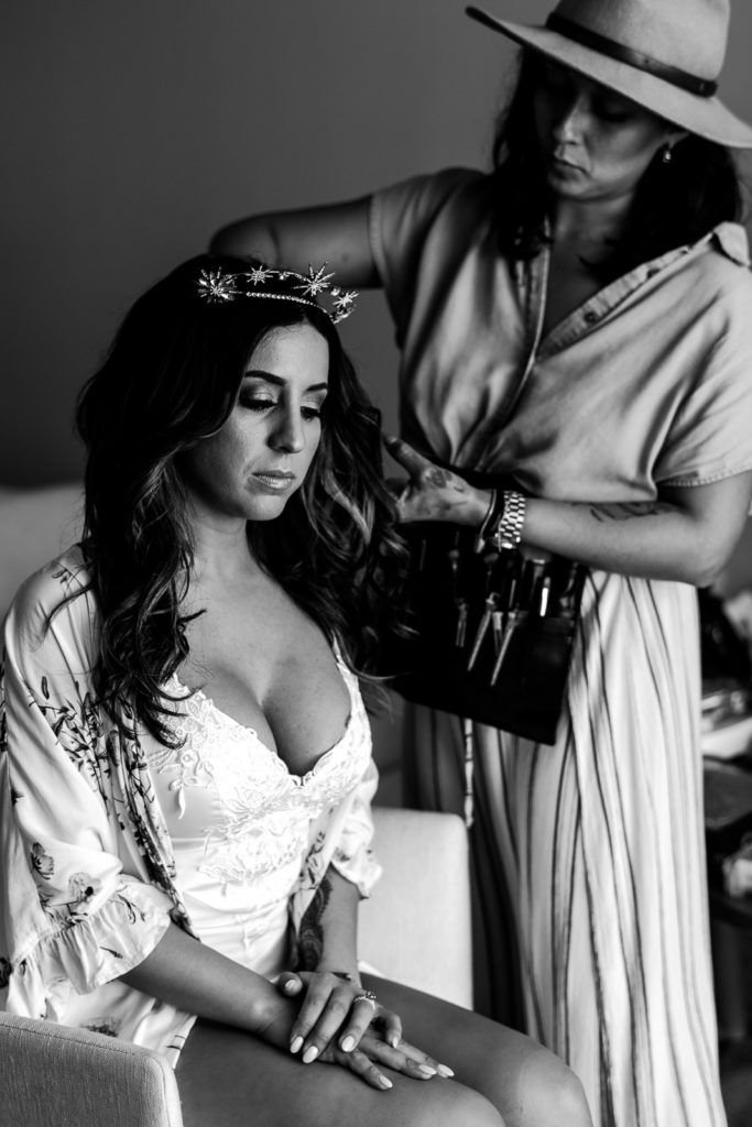 Bride getting ready at the Hotel she decided to have a Room Block at.  She got ready at the  Melia Resorts, at Paradisus in Los Cabos Mexico. Bri Berliner did her Hair and Makeup.