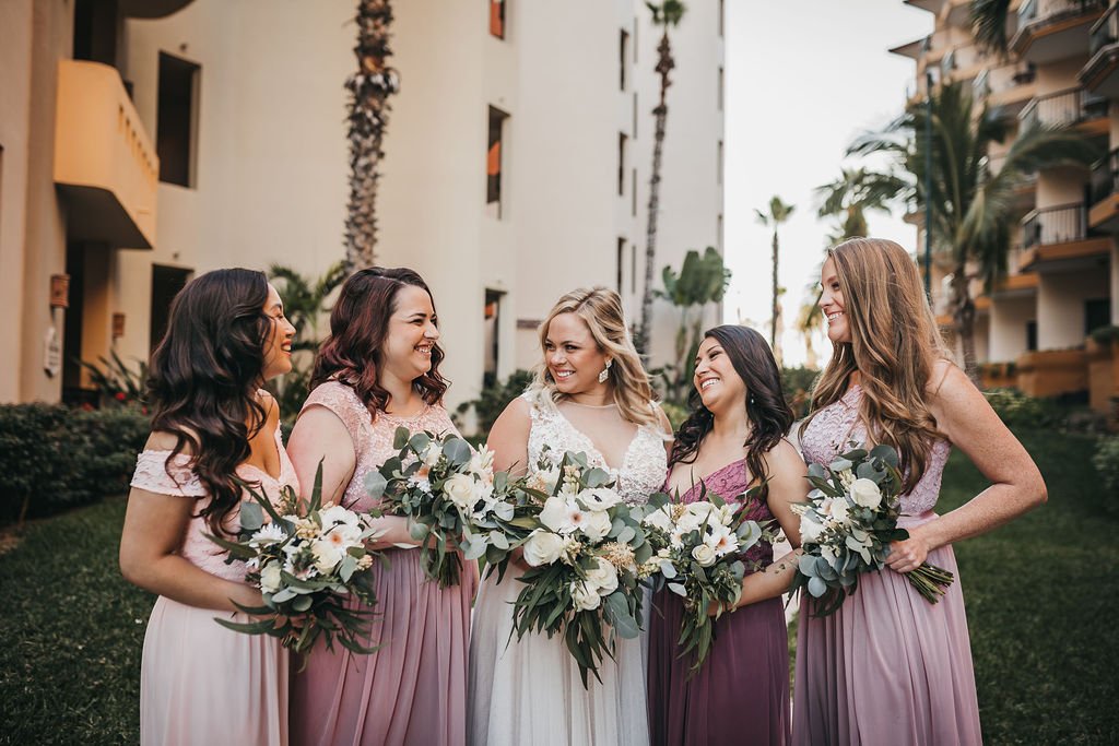 Bride with her Bridesmaids at her Destination Wedding in Los Cabos Mexico. Wedding  Planner was Jessica Wolff from Cabo Wedding Services. Wedding Planner in Los Cabos Mexico.