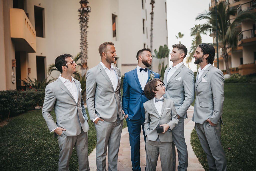 Groom with his Groomsmen all wearing Armani Exchange, in Los Cabos Mexico. This was a Destination Wedding in Los Cabos, that took place this year, during a great month in February. The weather was perfect and the Bride and Groom were so involve!