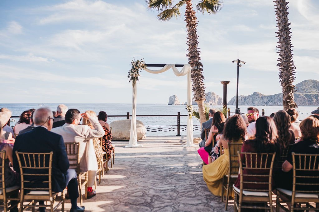 Ceremony set-up waiting for the Bride and Groom to walk down the aisle. All of their guests were waiting for the wedding party to walk down. This was a Destination Wedding in Los Cabos, Mexico. Wedding Planner was Jessica Wolff from Cabo Wedding  Services. Specialized in Luxury Weddings.