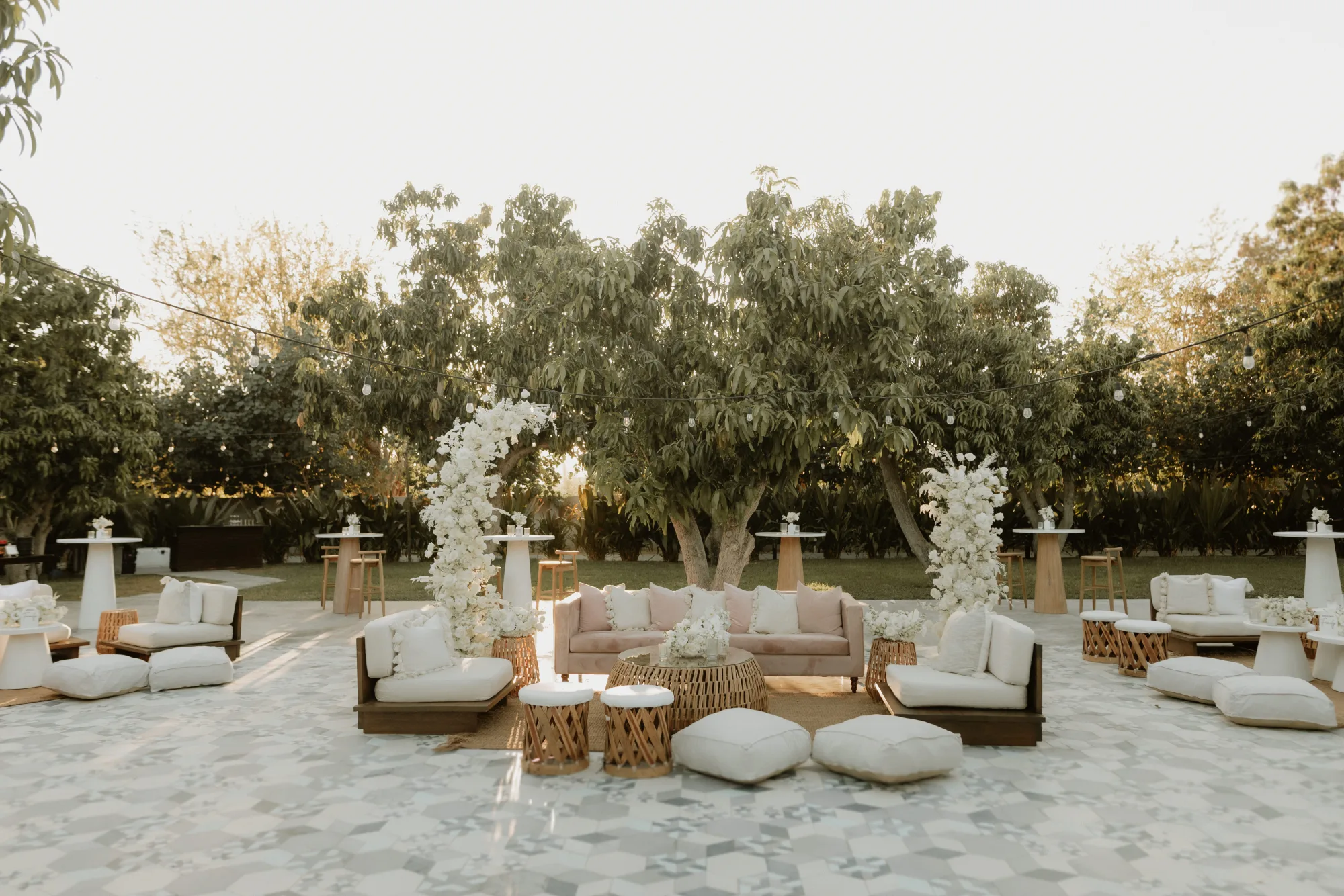 Covered reception setup at a Cabo wedding with weather backup in place
