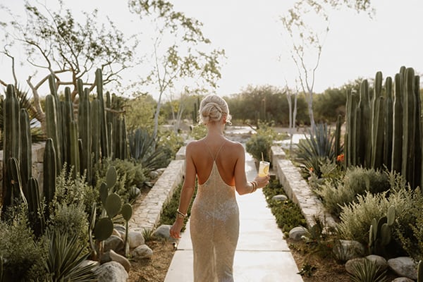 Acre Baja wedding setup in Cabo — resident peacocks on the property