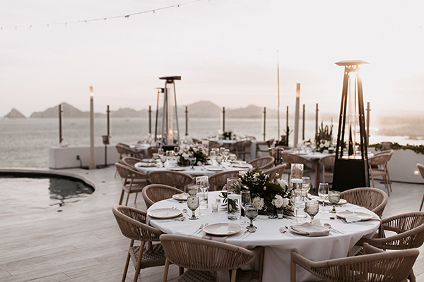 Sunset Monalisa wedding setup in Cabo San Lucas — multi-level terraces for event stages