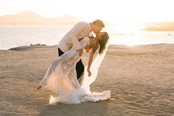 Sunset Monalisa wedding setup in Cabo San Lucas — fire pit seating area